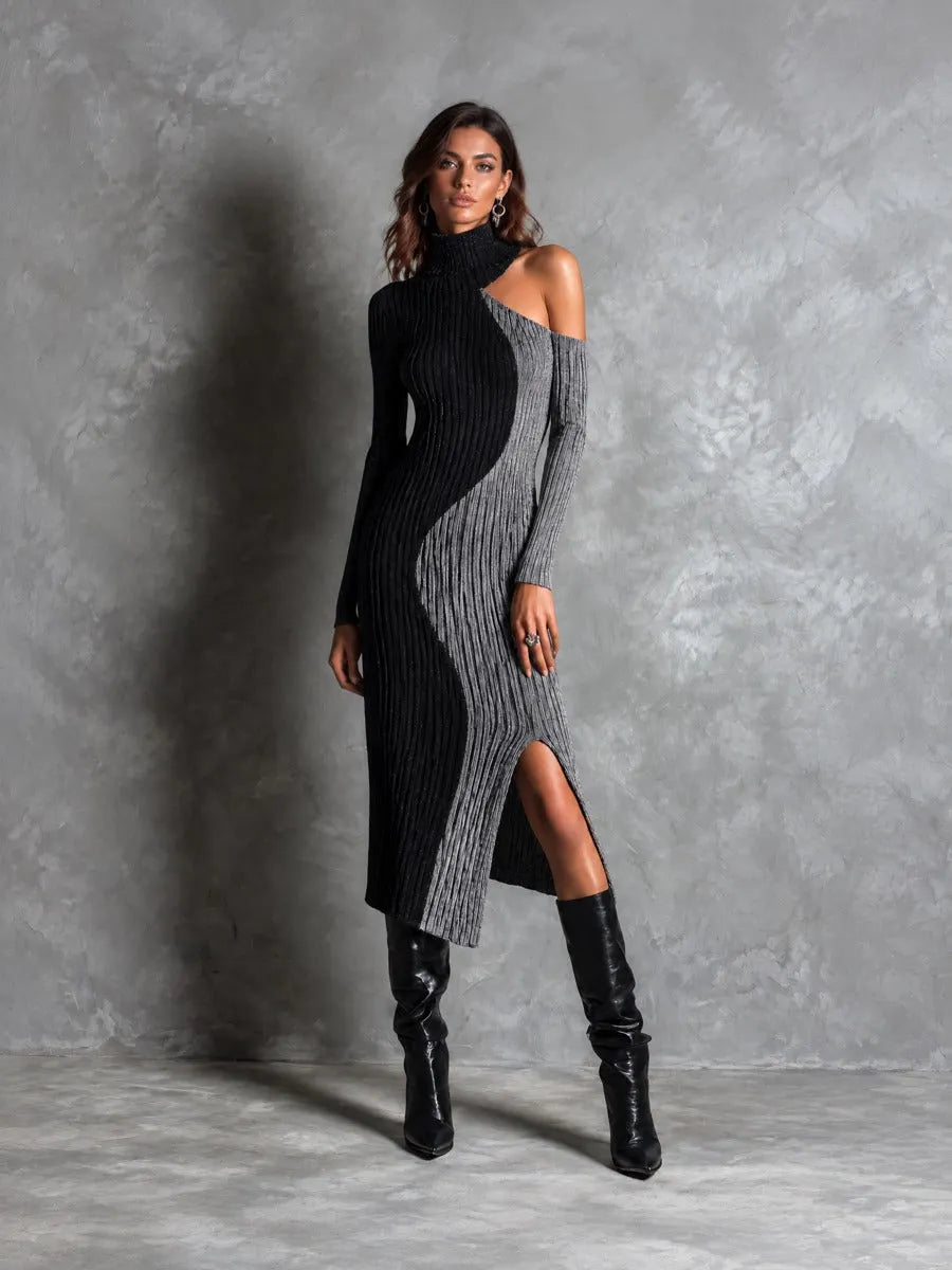 Chic Colorblock Ribbed Knit Turtleneck Cold Shoulder Midi Sweater Dress