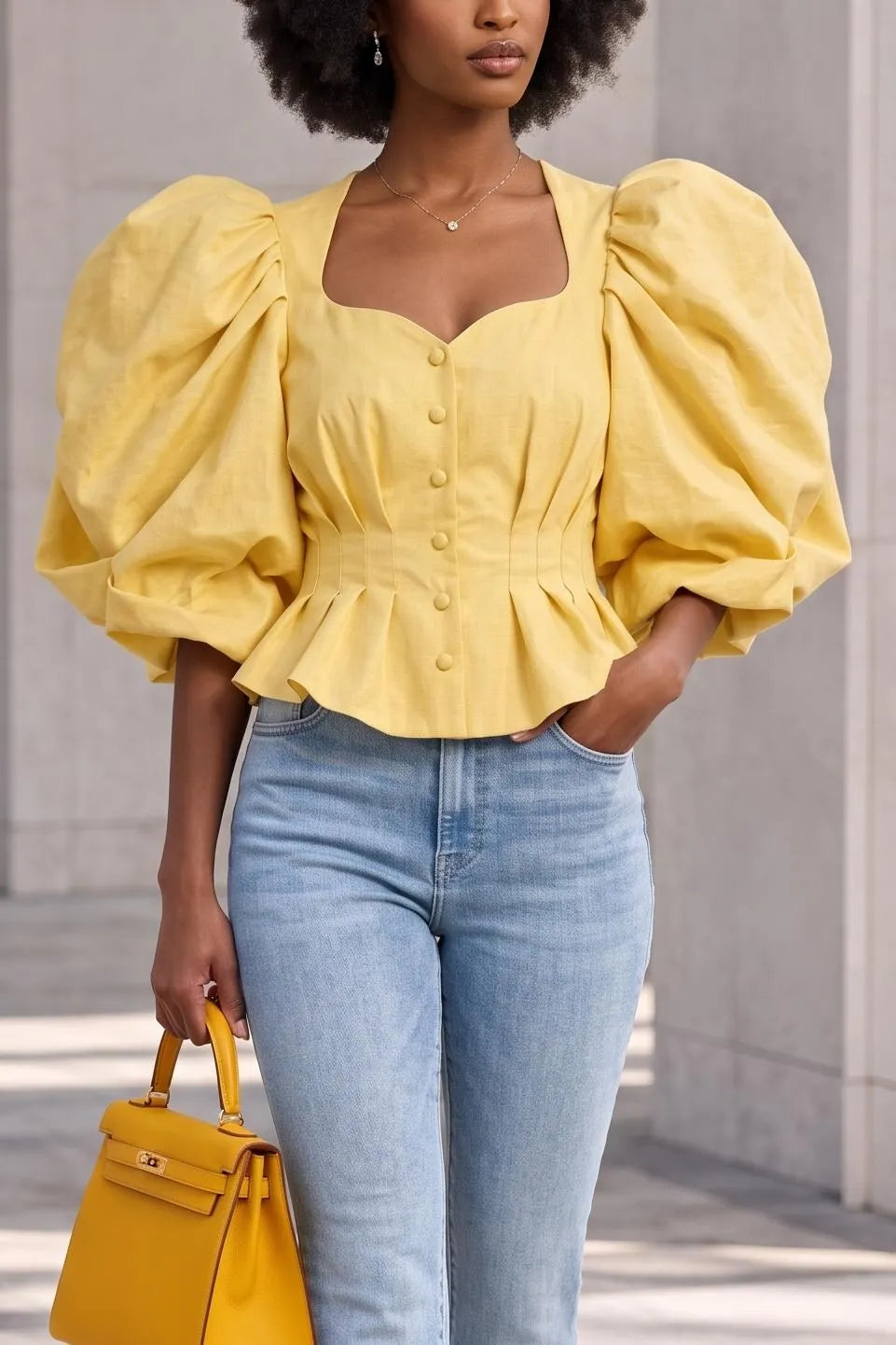 Women's Exaggerated Puff Sleeve Peplum Top Sweetheart Neck Button Down Corset Blouse Chic Pleated Waist Babydoll Shirts