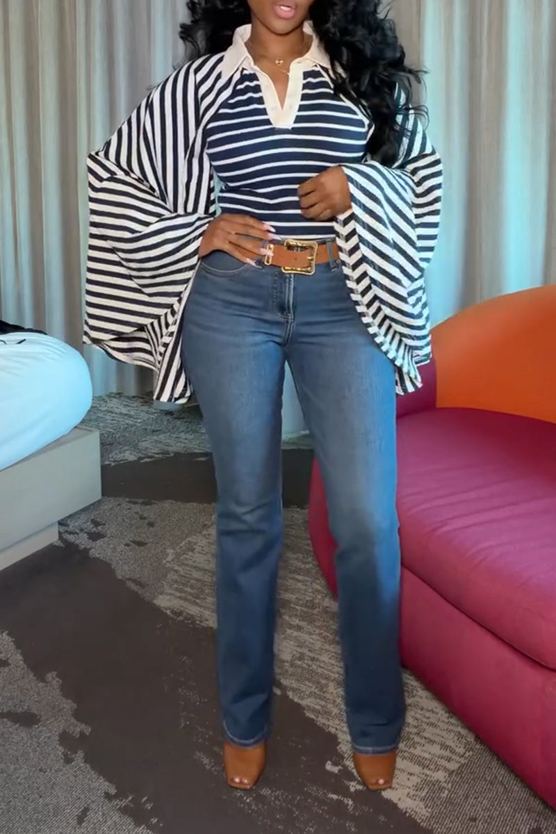 Women's Casual Batwing Sleeve Stripe Patchwork Top
