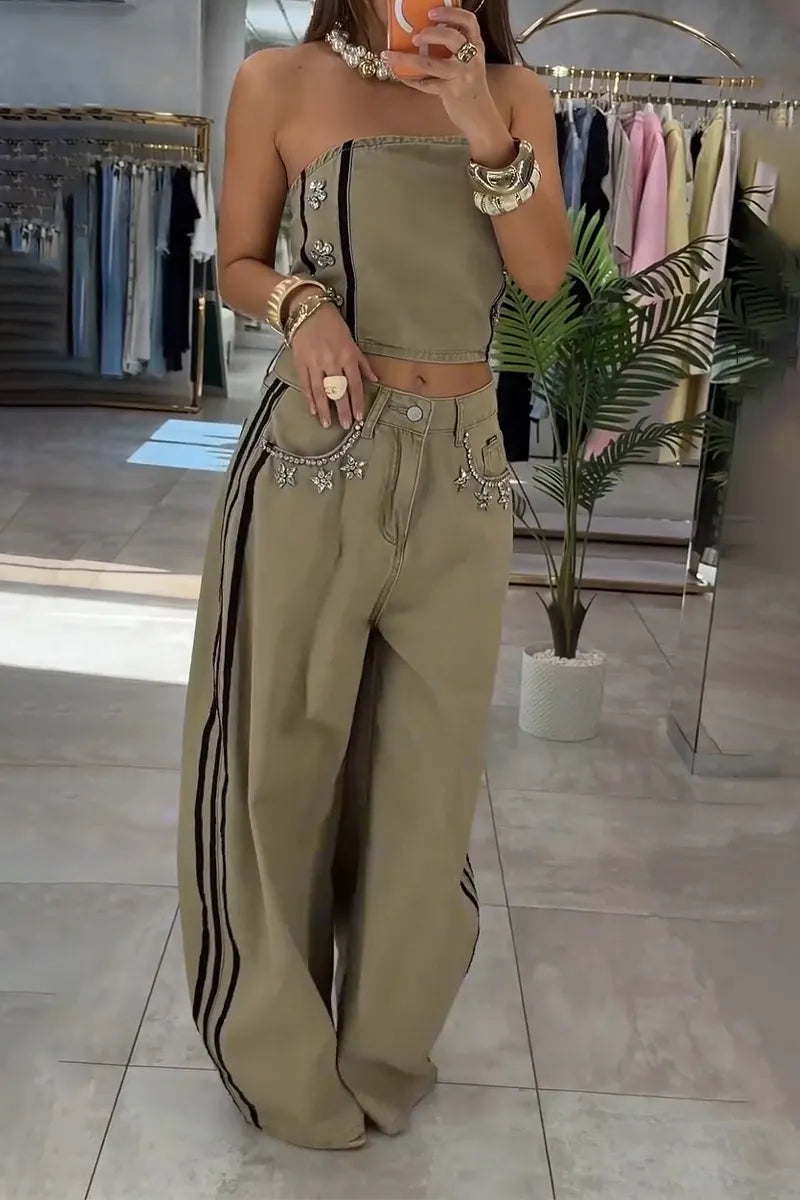 Women Denim Strapless Top with Rhinestones or Side Vertical Stripe Wide Leg Jeans