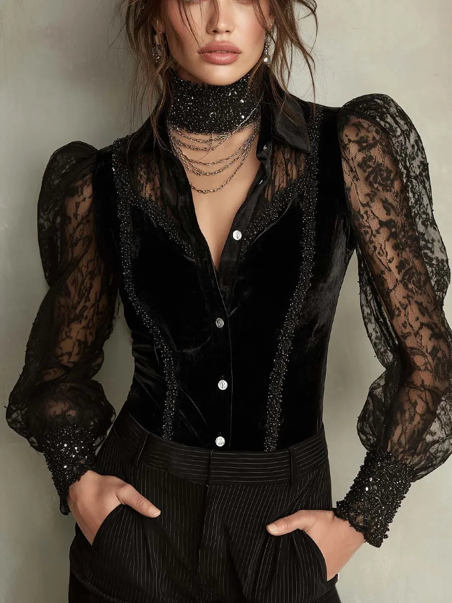 Vintage Lace Puff Sleeves And Beaded Trim Polyester Velvet Blouse