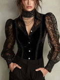 Vintage Lace Puff Sleeves And Beaded Trim Polyester Velvet Blouse