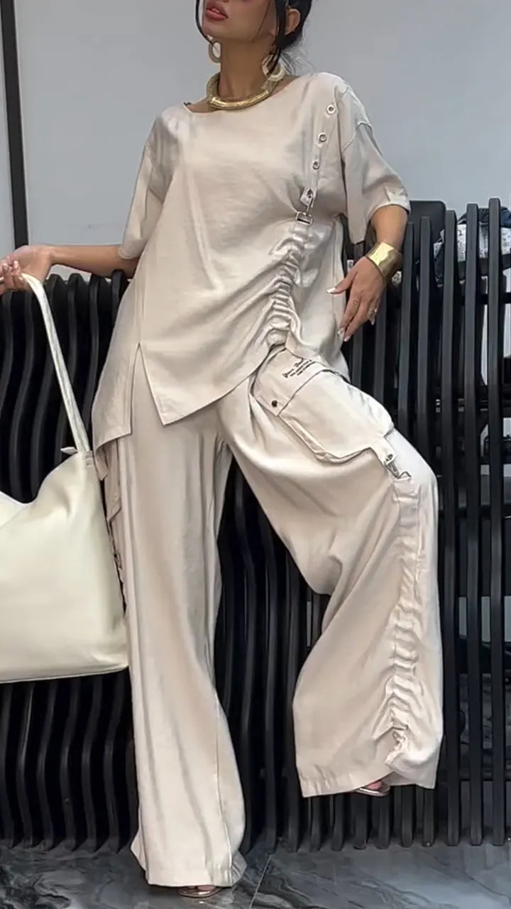 Women's Round Neck Pleated Top+patchwork Pocket Pants Casual Suit