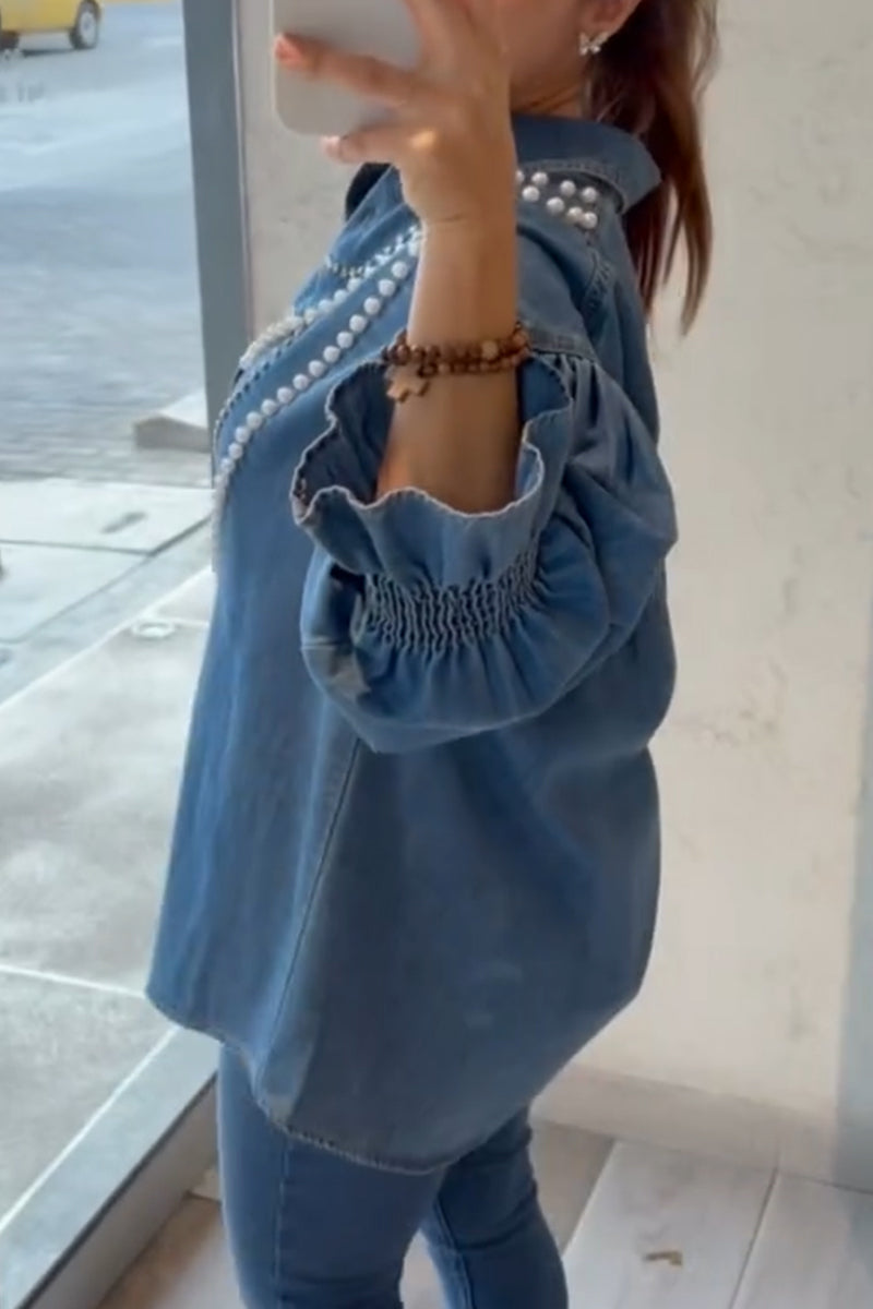 Women's Lapel Nail Beads Casual Denim Shirt
