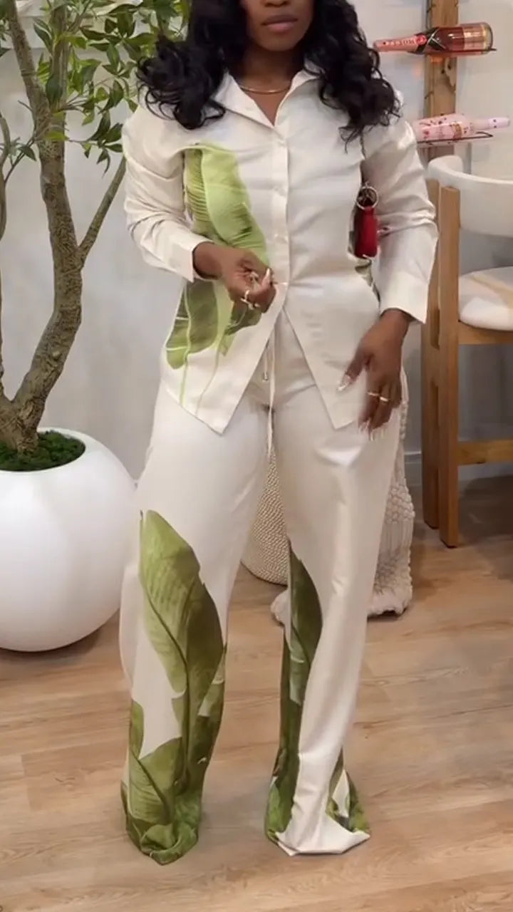 Women Collar Printed Shirt + Pants Casual Set