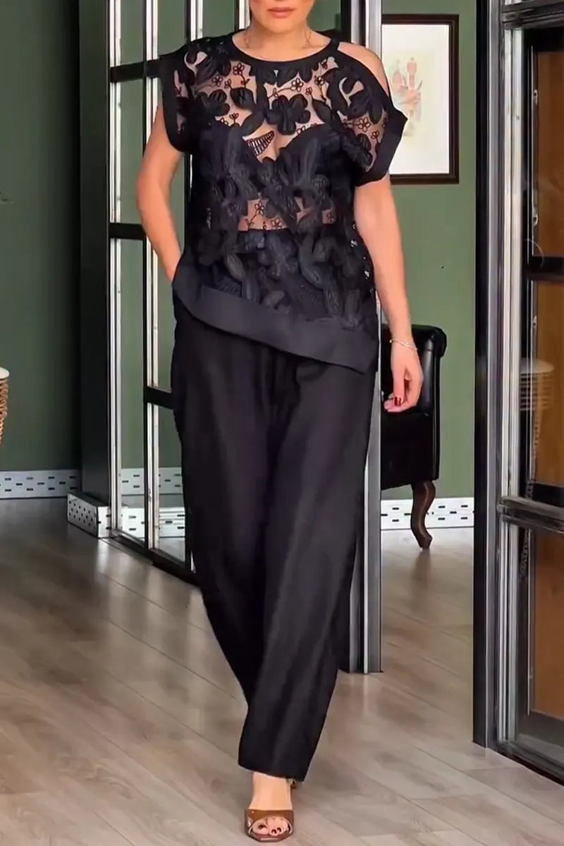 Women Round Neck Patterned See Through Top+ Wide Leg Pants Casual Suit