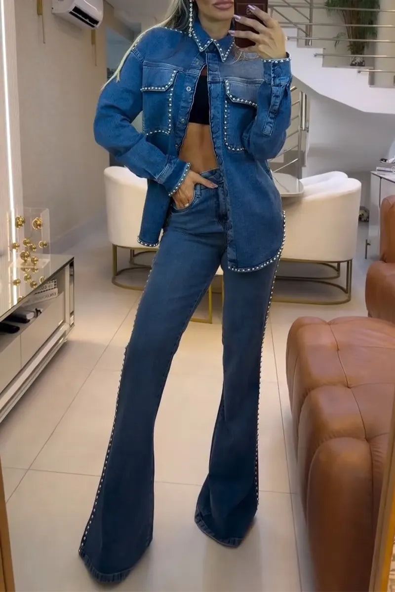 Women Collar Studded Denim Jacket or High Waisted Flared Jeans