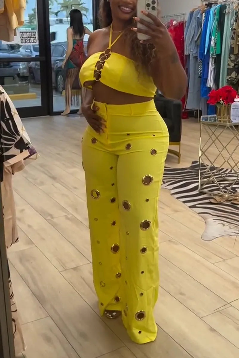 Women Neck Hanging Short Top + Hollow Wide Leg Pants Sexy Casual Suit