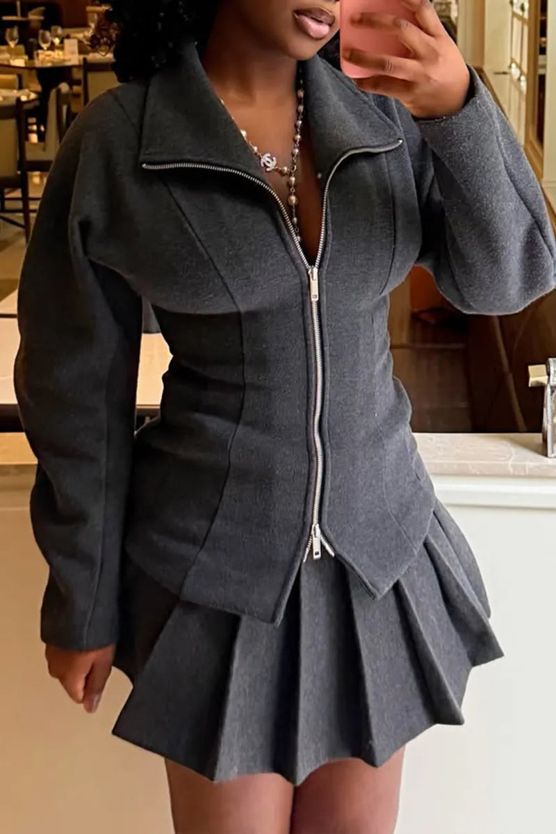 Women Collar and Waist Cinched Jacket+ Pleated Half Skirt Elegant Casual Set