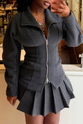 Women Collar and Waist Cinched Jacket+ Pleated Half Skirt Elegant Casual Set