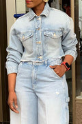 Ladies' Casual Denim Light Washed Top And Shorts