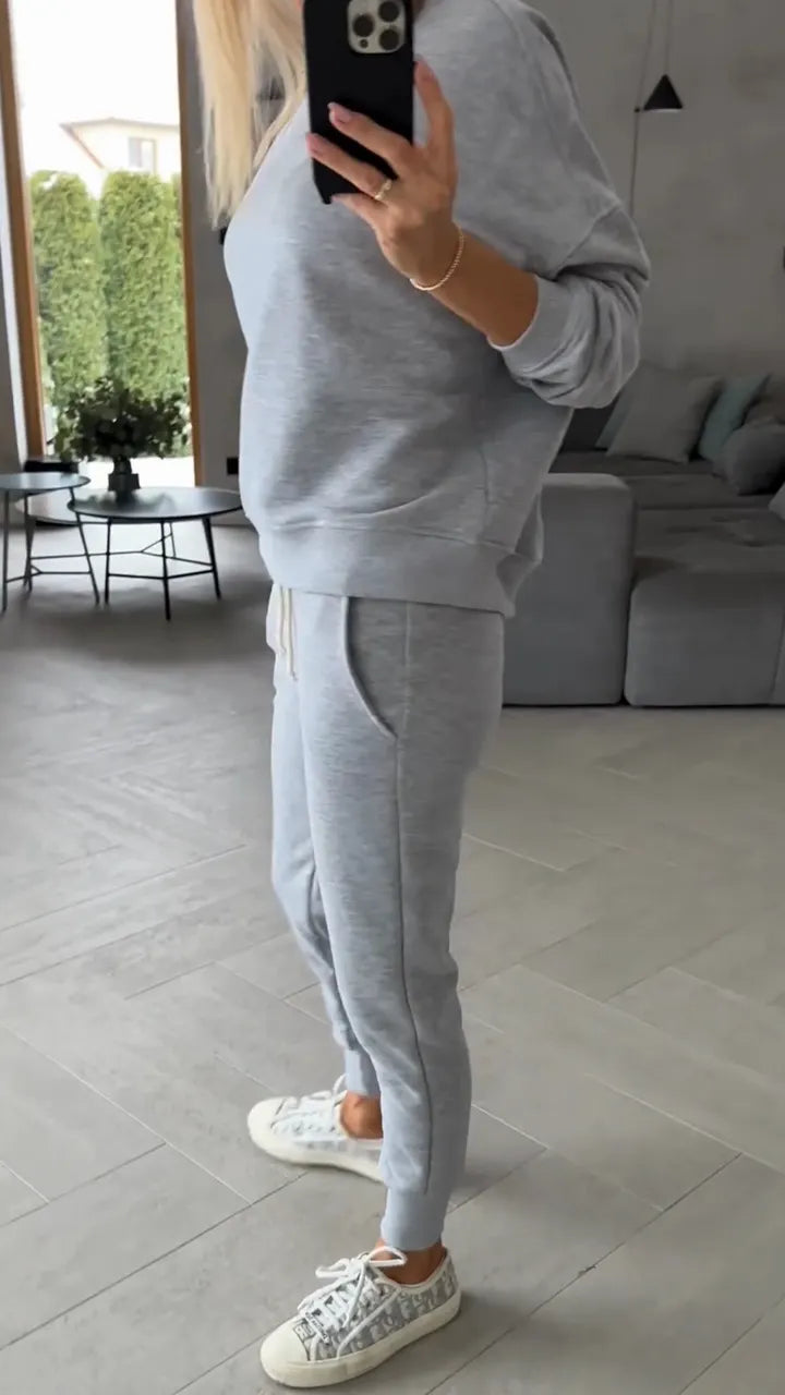Women Round Neck Top+ Drawstring Pants Solid Color Casual Set