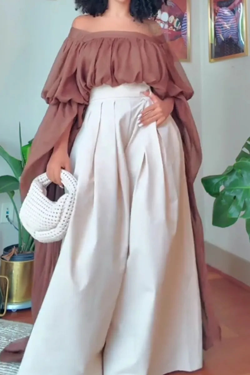 Women's Off The Shoulder Long Resort Top or High Waisted Loose Fitting Wide Leg Trousers