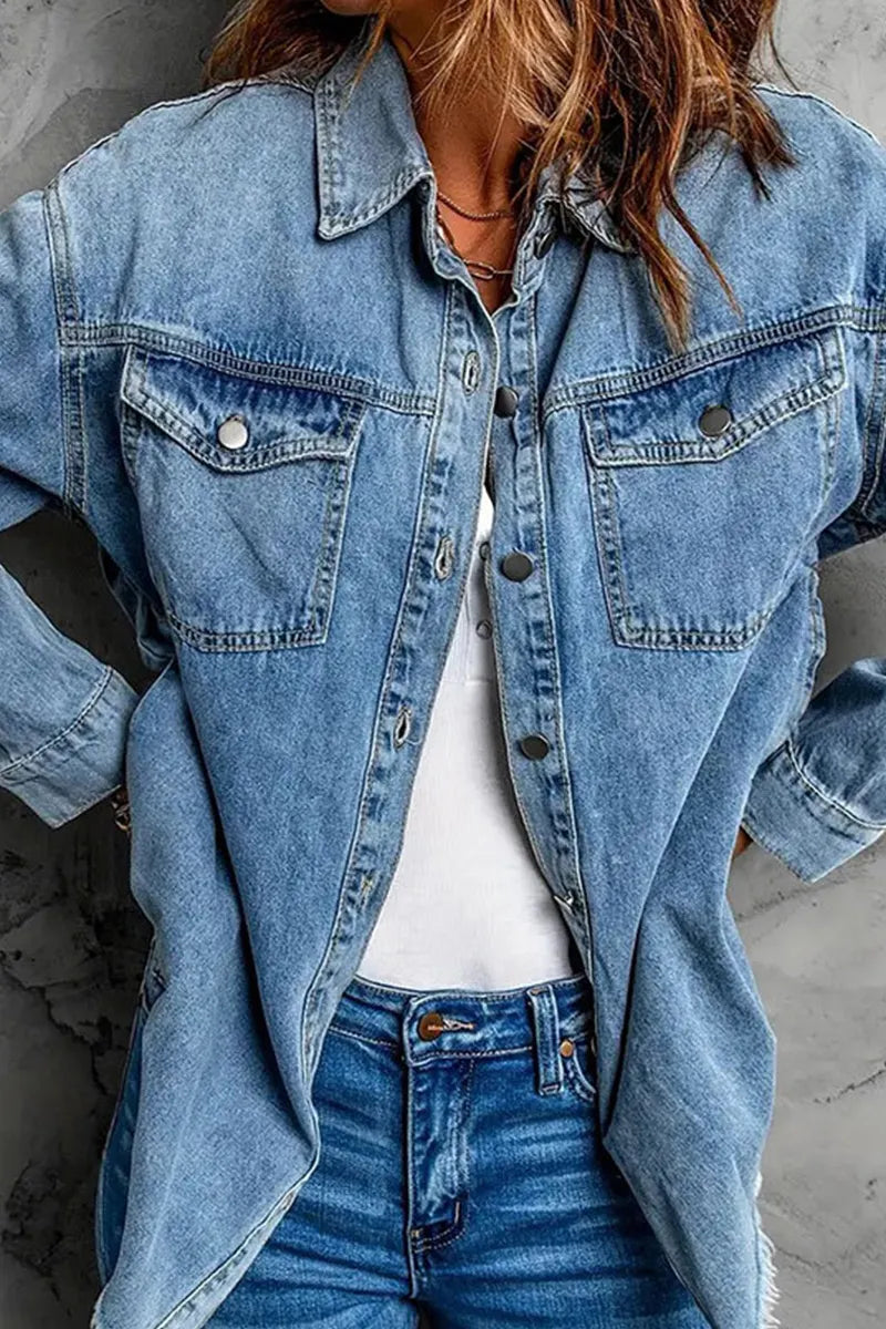 Women' s Distressed Denim Coat With Frayed Hem Detail