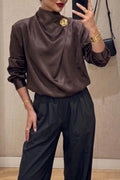 Women's Elegant Satin Silk Blouse Mock Neck Long Sleeve Draped Cowl Neck Tops Fall Dressy Casual Work Office Shirt with Brooch