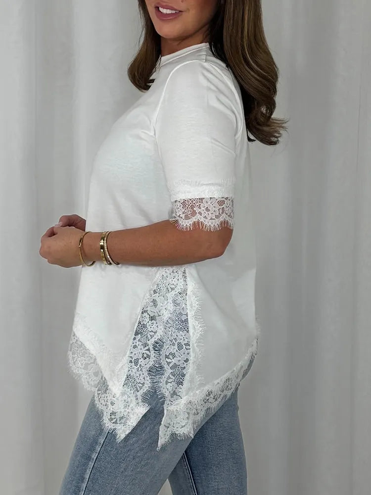 Women Round Neck Patchwork Lace Irregular Casual Top