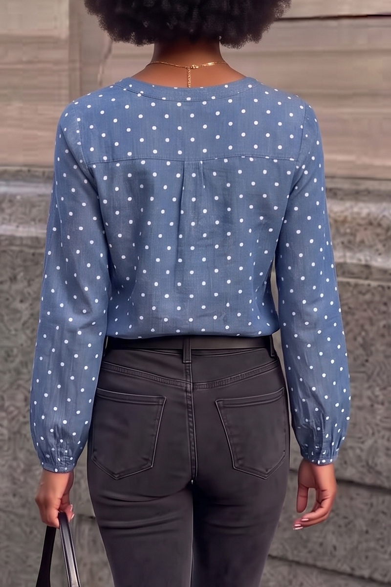 Women's Azure Dotted Split-Neck Chambray Blouse