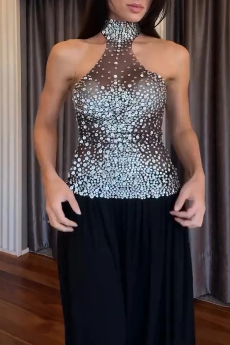 Women's Fashion Rhinestone Mesh Stretch Sheer Vest