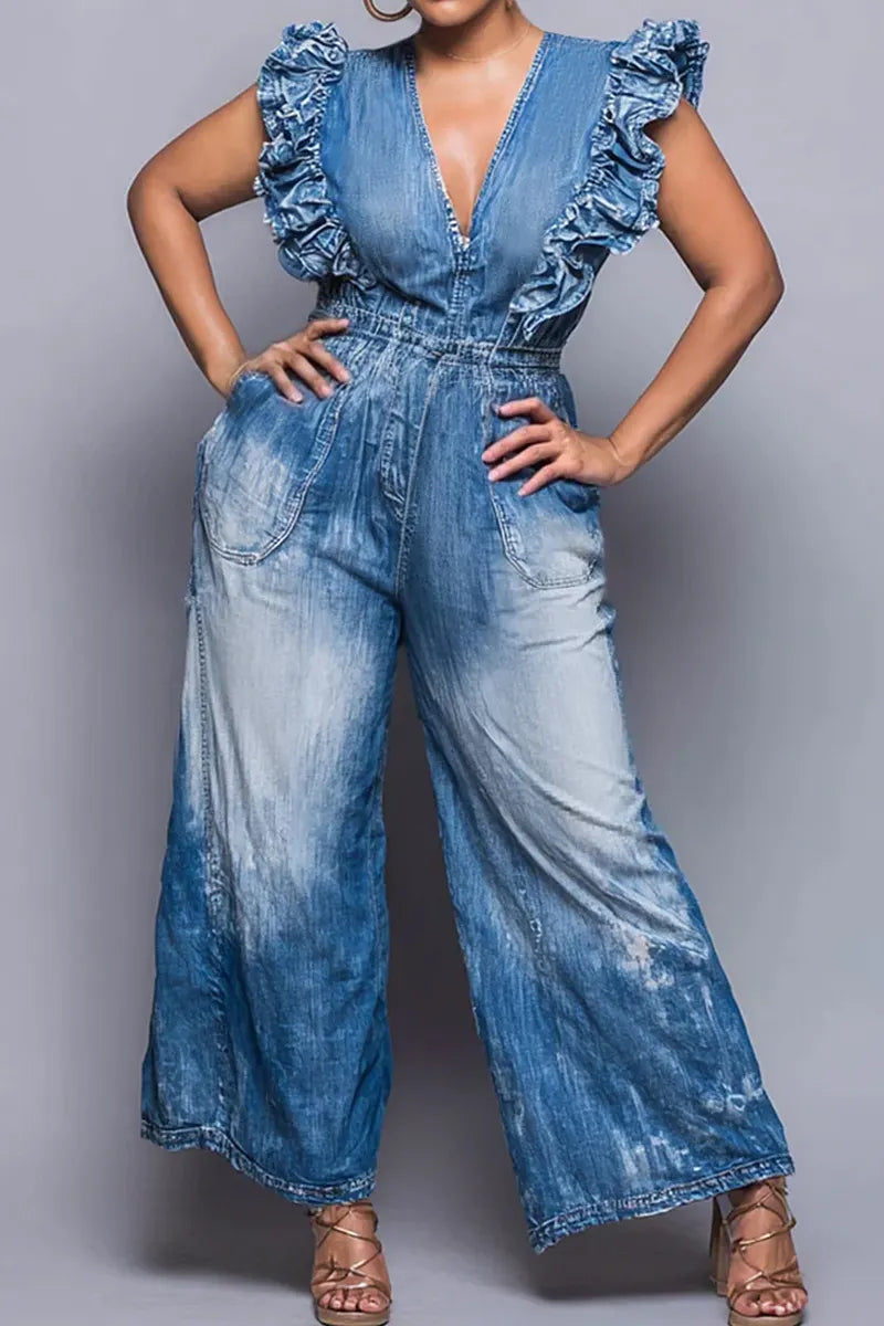 Ladies' Business And Leisure Blue V-Neck Ruffle Sleeve Wrinkled Pocket Cowboy Jumpsuit