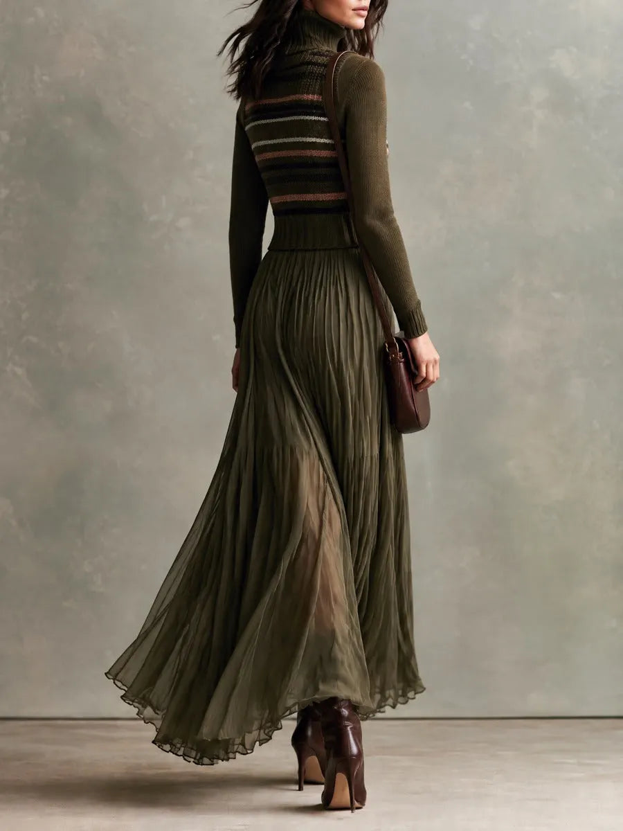 Boho Olive Green Turtleneck Striped Knit Paneled Pleated Chiffon Maxi Dress