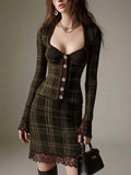 Vintage Olive Green Soft Knit Plaid Sweetheart Neck Pencil Skirt Set With Lace Trim