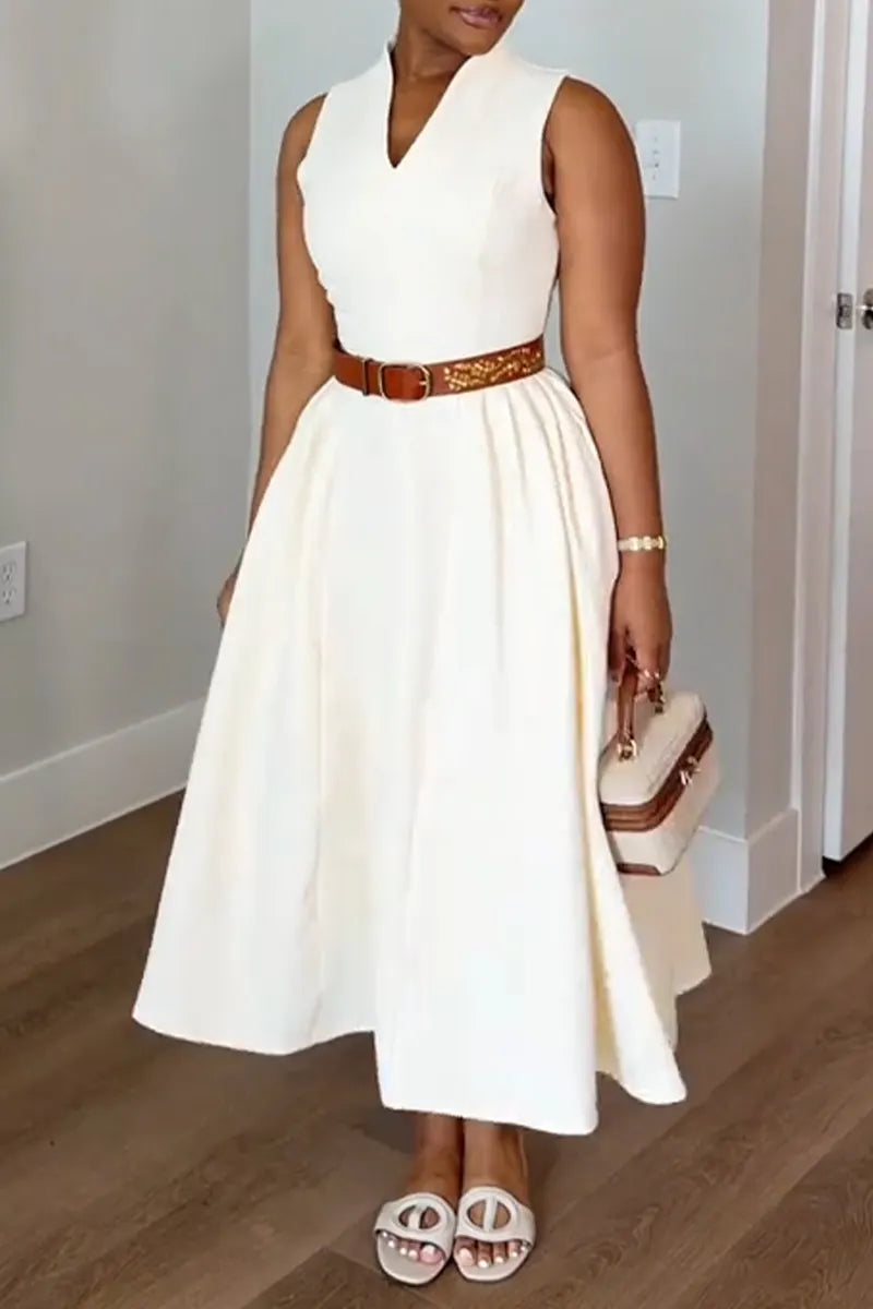 Women V-neck Waist Cinched Solid Color Dress+ Shawl Elegant Temperament Set