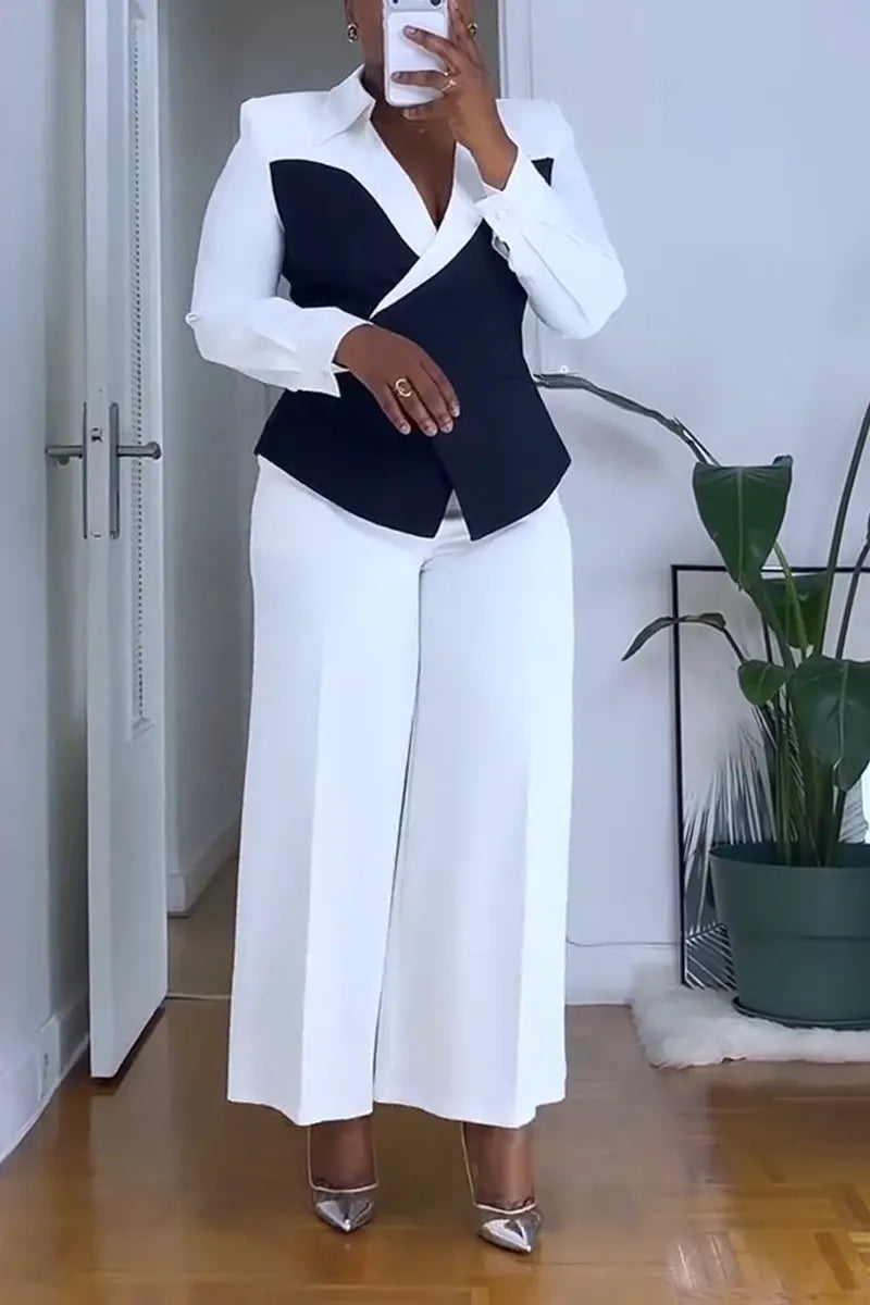 Women Collar Contrasting Jacket+ Pants Temperament Commuting Formal Suit
