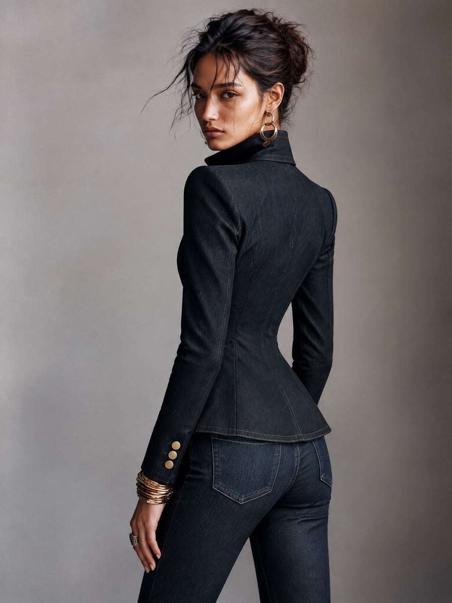 Women's Structured Dark Denim Gold Buttons Jacket With Padded Shoulders