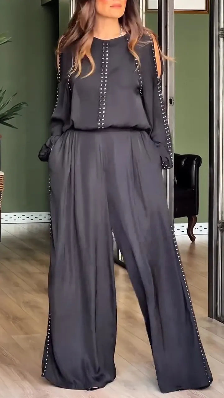 Women Round Neck Nail Drill Sleeve Hollow Top + Wide Leg Pants Casual Suit