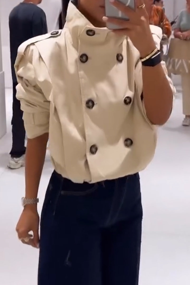 Women's Standing Collar Double Breasted Casual Jacket with Temperament