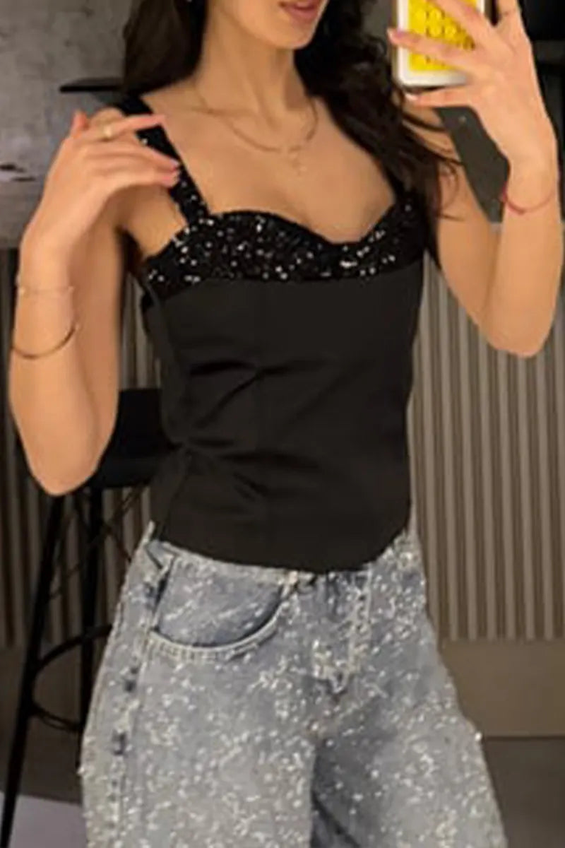 Women's Suspender Hot Stamping Rhinestone Splicing Casual Top