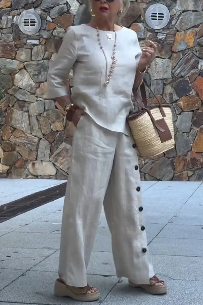 Women Round Neck Top + Breasted Pants Casual Cotton and Linen Set