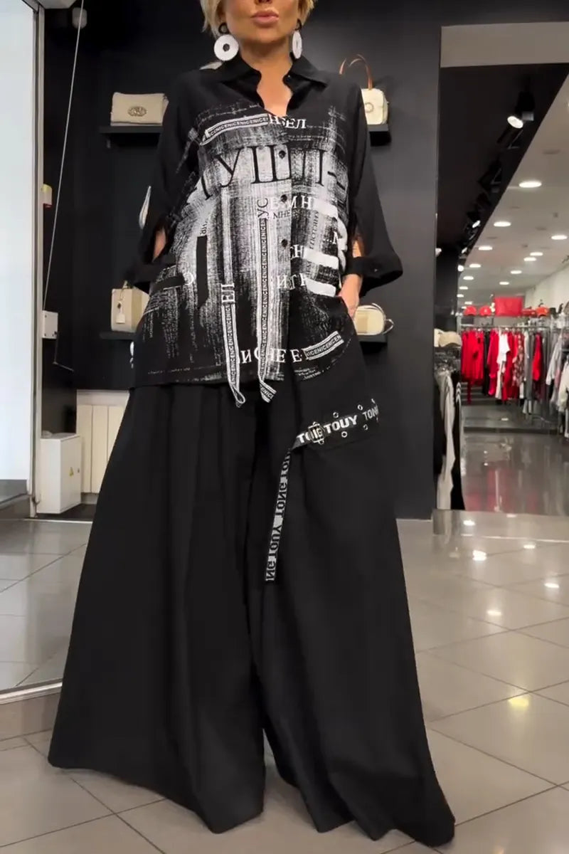 Women Collar Printed Shirt + Wide Leg Pants Loose Casual Suit