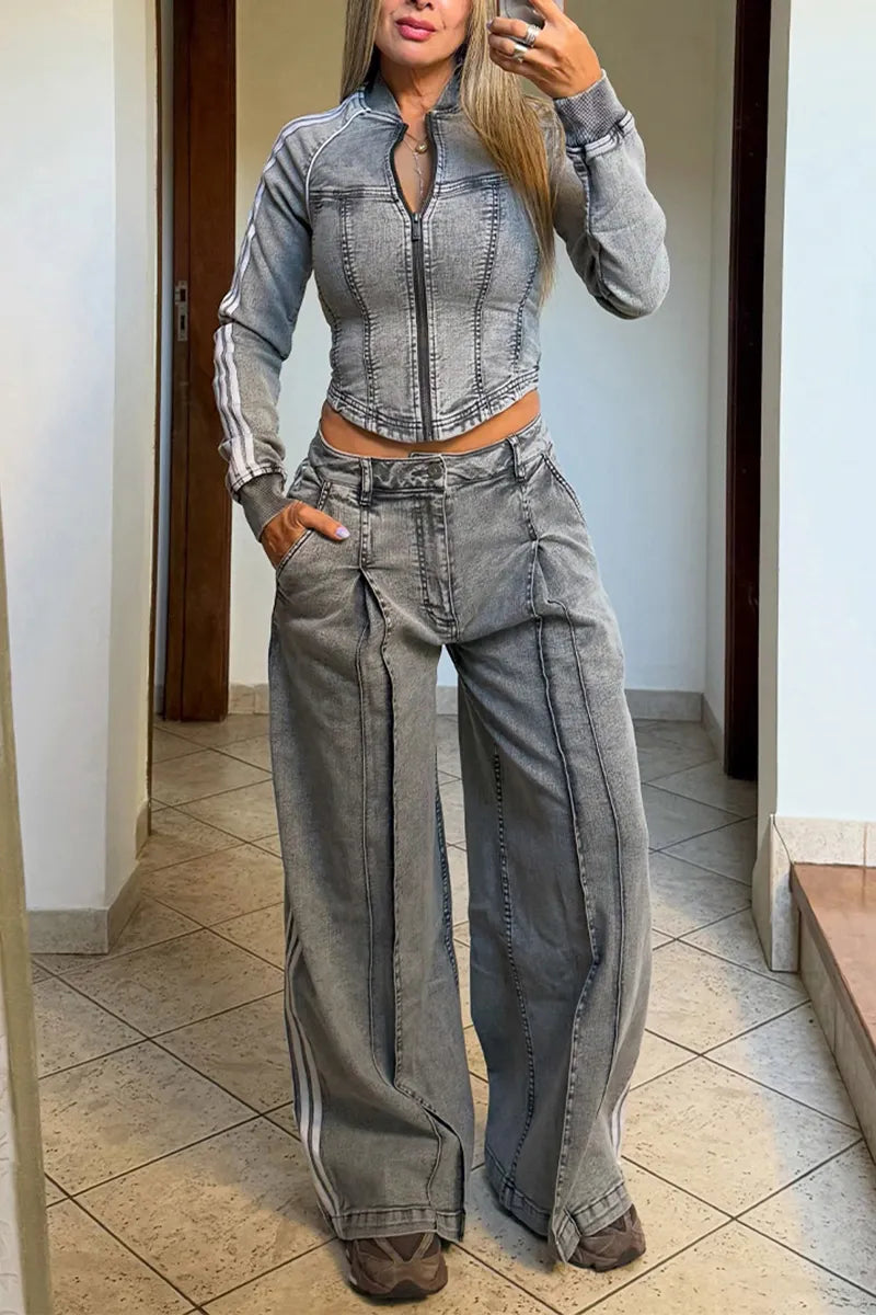 Women's Casual Slim Denim Jacket or Wide Leg Jeans