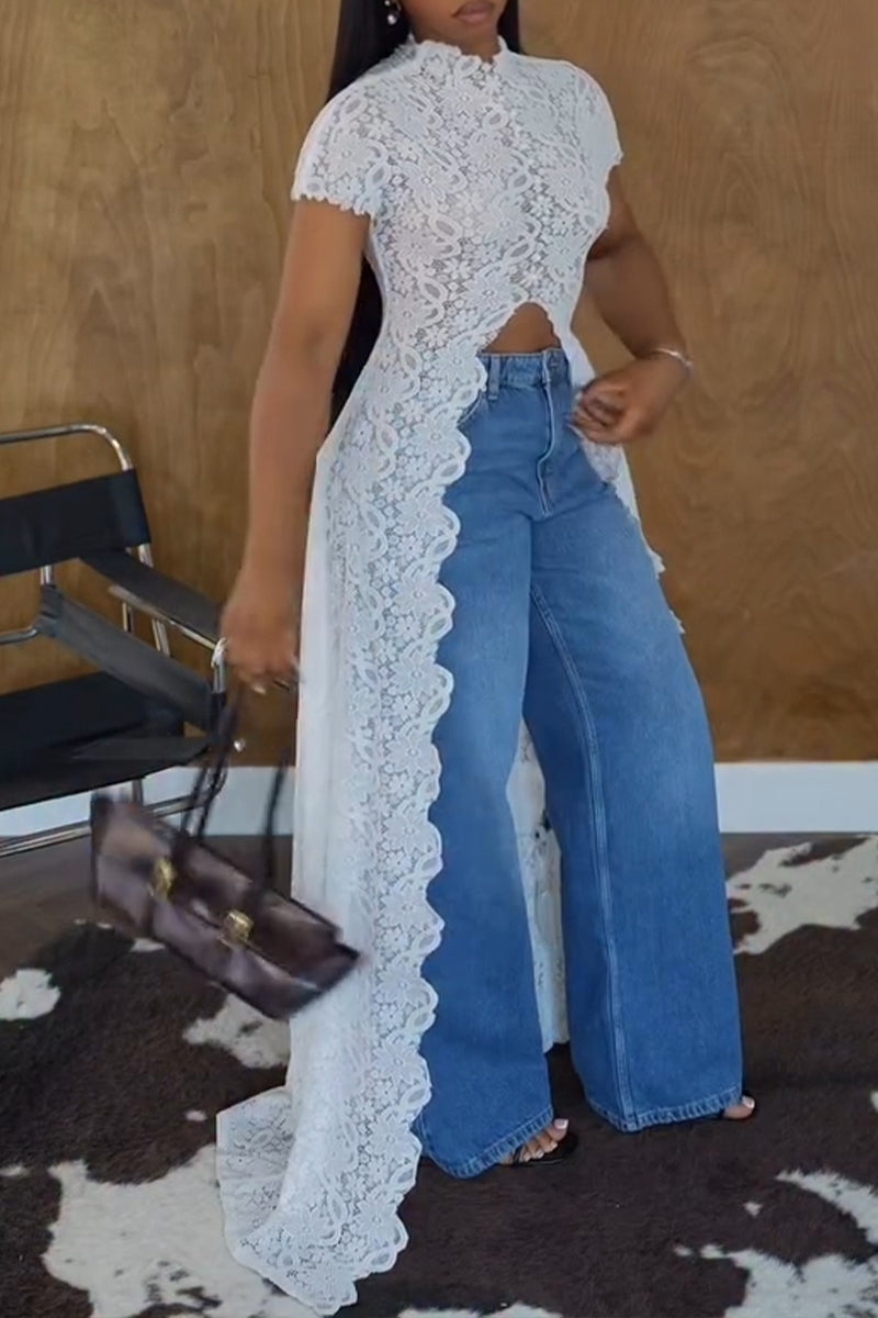 Women's Elegant Lace Short Sleeve High-Low Top