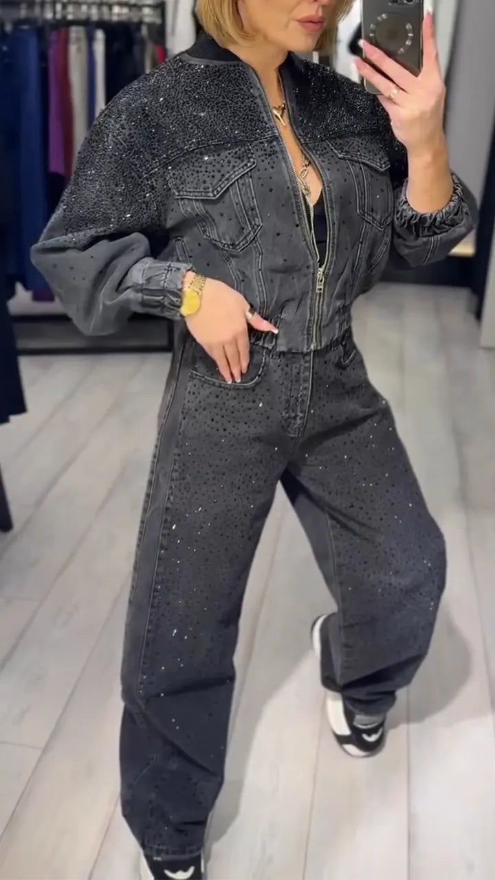Women Round Neck Rhinestone Jacket+ Pants Casual Denim Suit