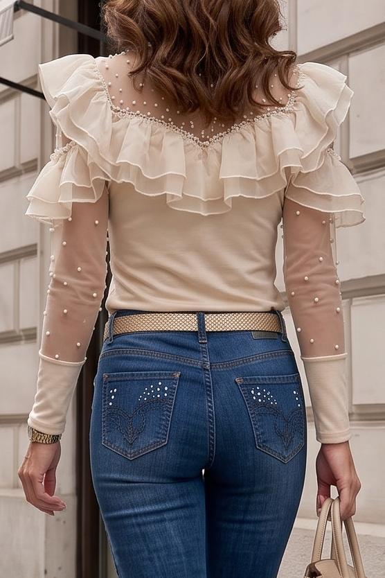 Women's Elegant Sheer Mesh Patchwork Blouse Long Sleeve Layered Ruffle Trim Tops Mock Neck See Through Casual Work Shirts