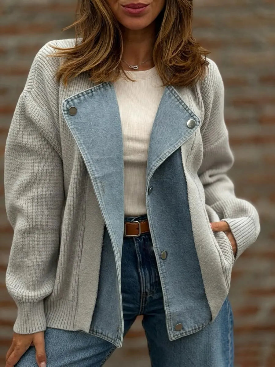 Women's Collar Denim Patchwork Knit Casual Jacket