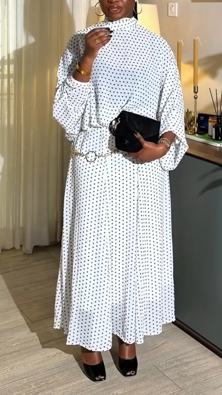 Women Round Neck Polka Dot Long Sleeved Top + Half Skirt Casual Suit
