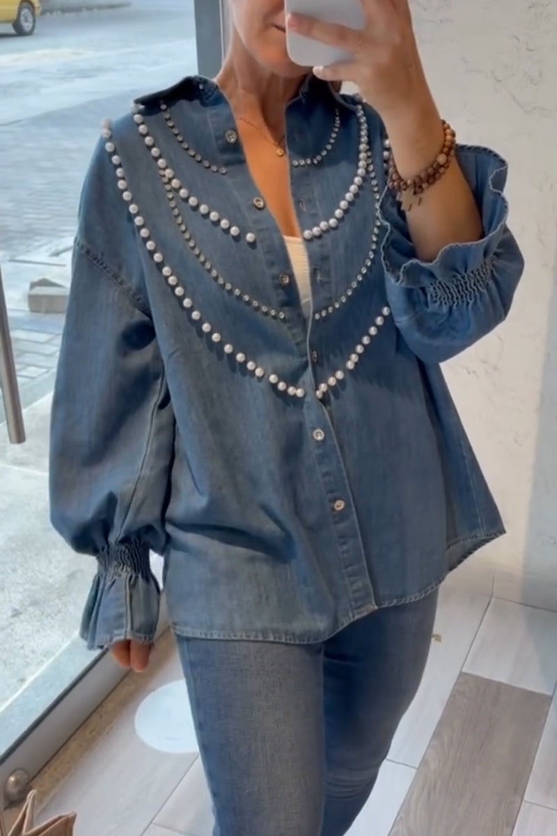 Women's Lapel Nail Beads Casual Denim Shirt