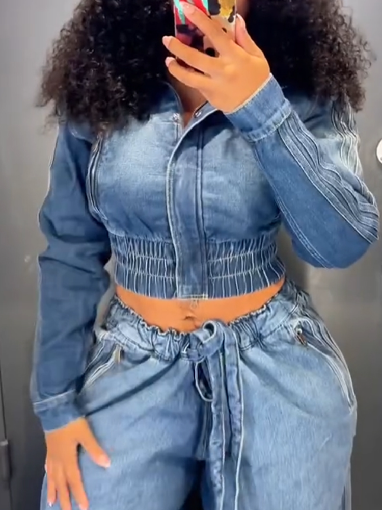 Women Collar Wash Top+ Pants Casual Denim Suit