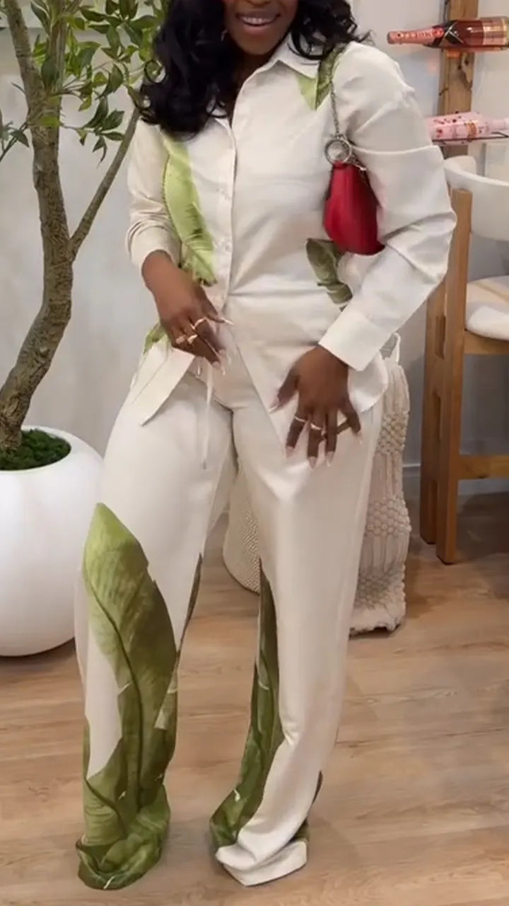 Women Collar Printed Shirt + Pants Casual Set