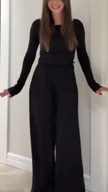 Women Round Neck Top + Pants Solid Color Casual Suit