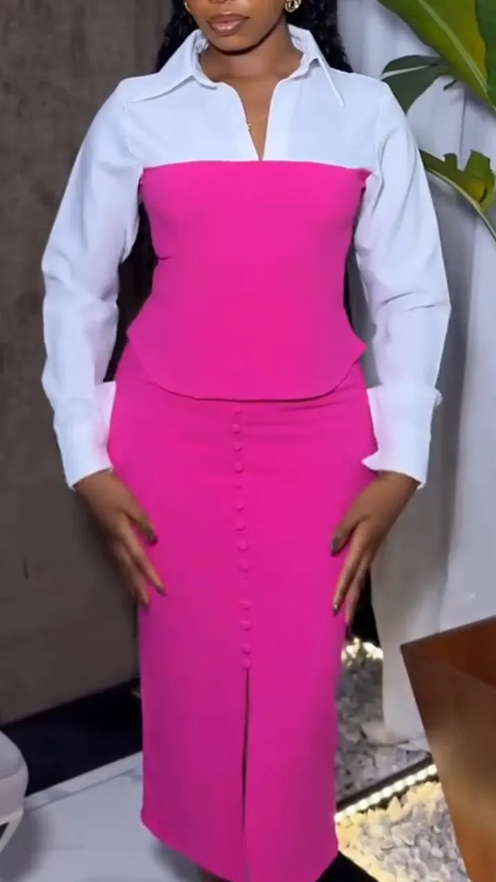 Women Collar Fake Two-piece Shirt + Half Skirt Elegant Temperament Commuting Style Set