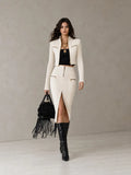 Ribbed Knit Zip-Up Jacket And Slit Midi Skirt Set