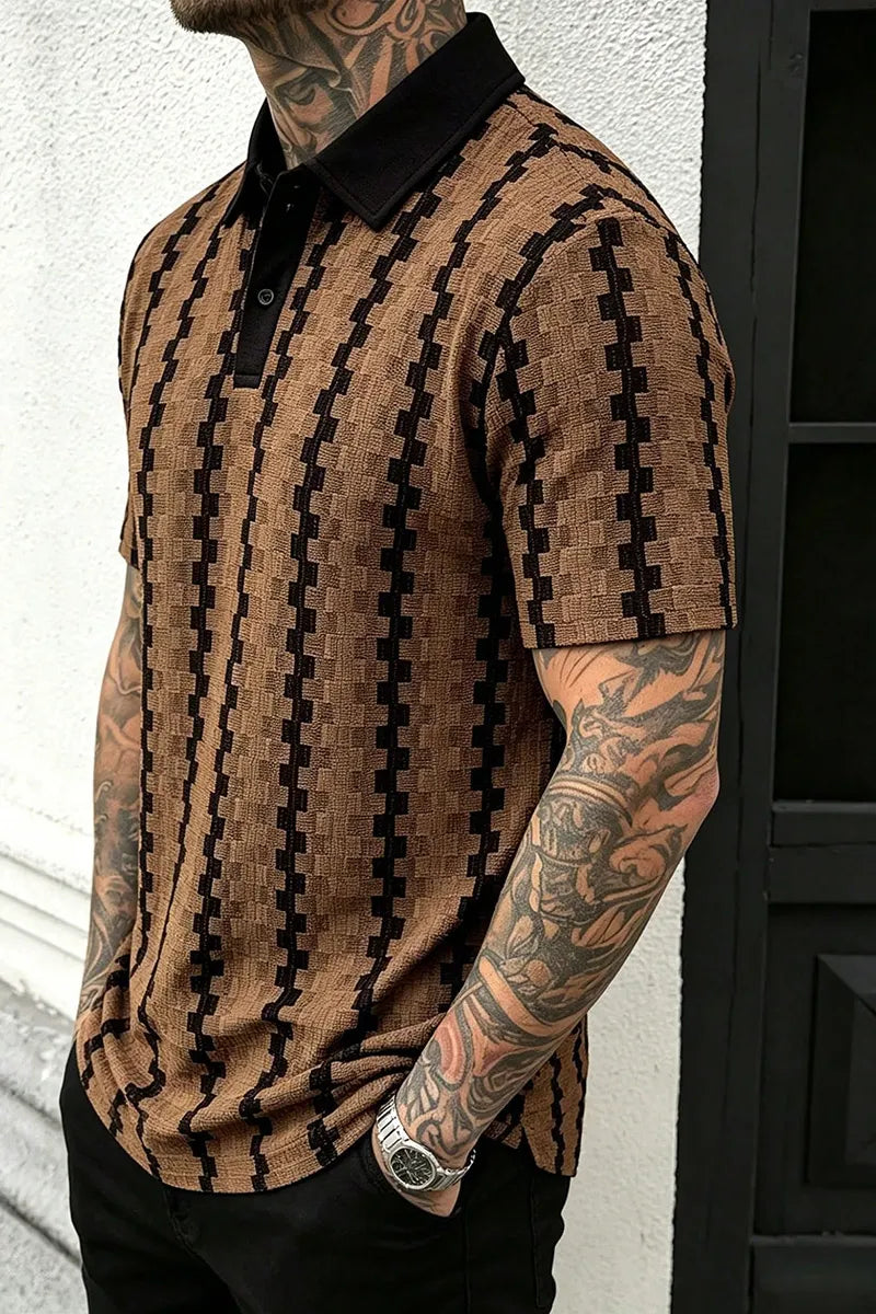 Men's Colorblock Polo Shirt, Retro Geometric Jacquard Casual Top
