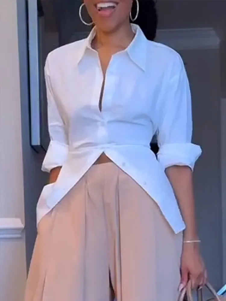 Women Collar Solid Color Shirt + Pants Temperament Casual Suit