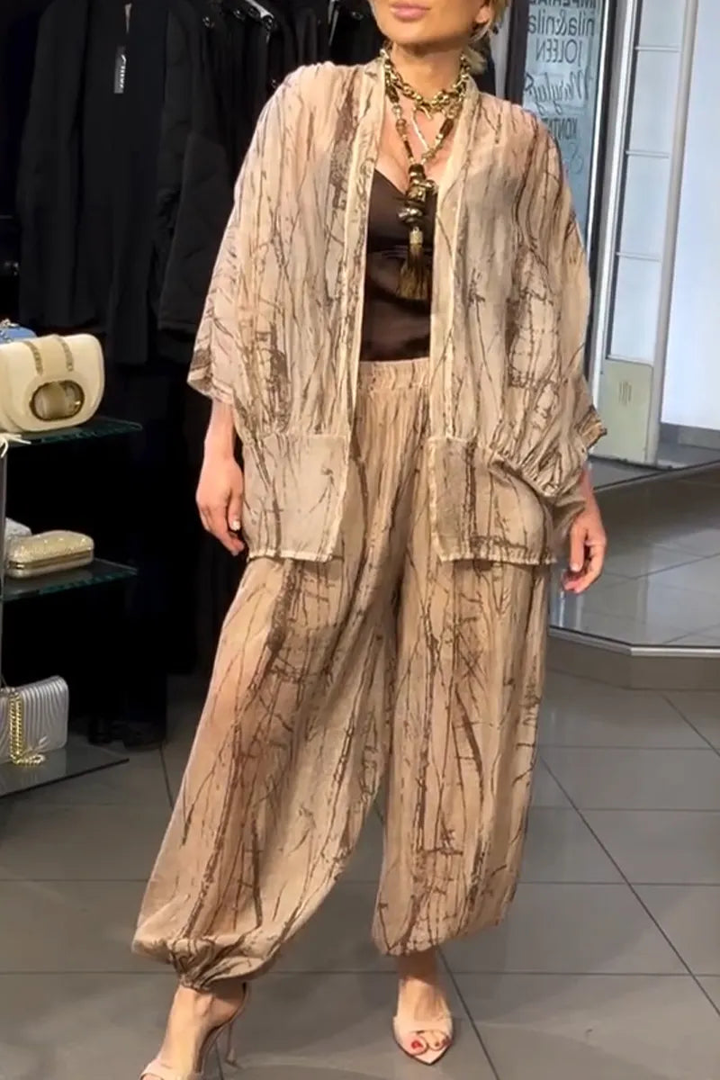 Women Printed Cardigan + Lantern Pants Loose Casual Set