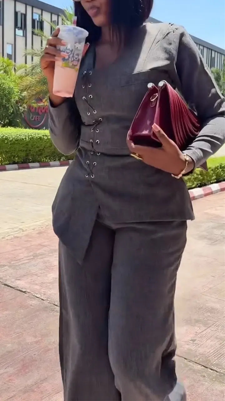 Women V-neck Cross Tie Top + Pants Temperament Commuting Suit