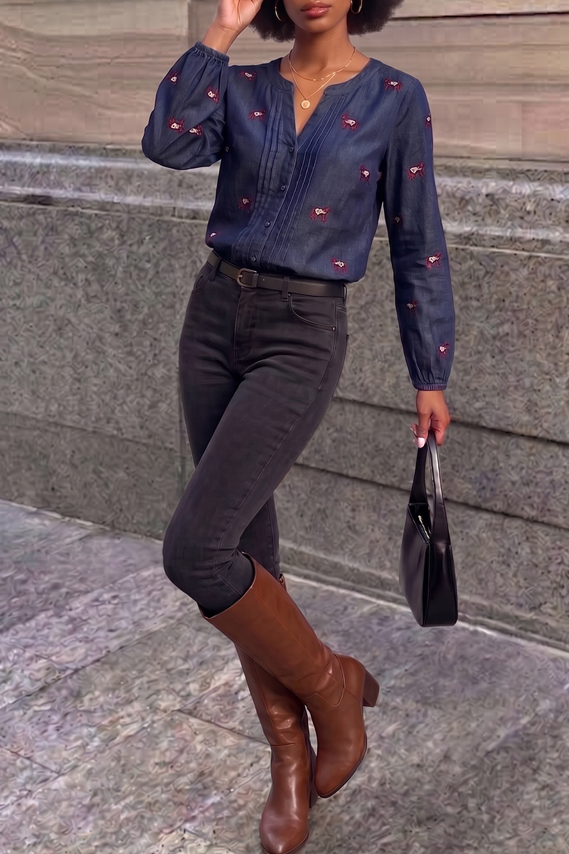 Women's Notched V-Neck Embroidered Button-Up Long Sleeve Denim Blouse